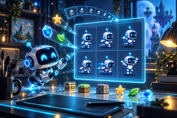 Un robot azul organiza sprites animados en una cuadrícula luminosa