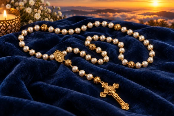 Rosario de perlas blancas y crucifijo dorado, con luz de vela sobre terciopelo azul